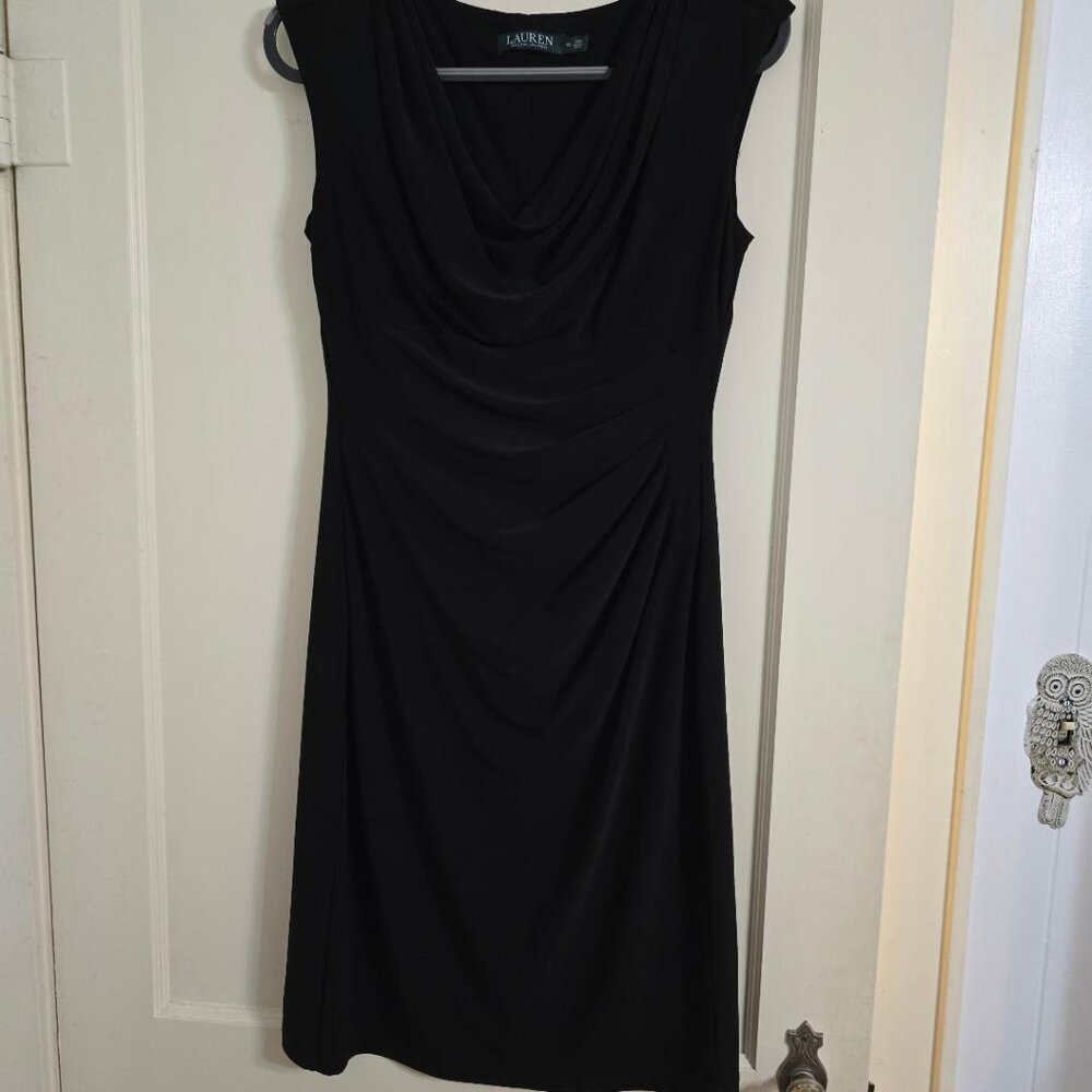 10 Lauren Ralph Lauren Black Rushed Faux Wrap Lined Cap Sleeve Dress